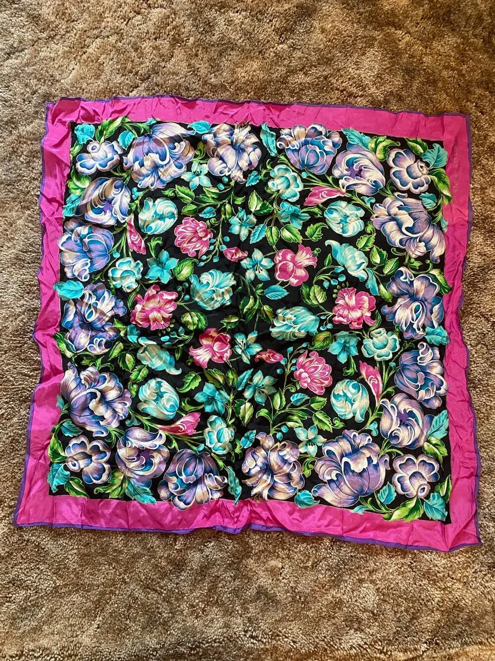 Adrienne Vittadini Vintage Silk Square Scarf Folk Art to Wear Floral Neckerchief